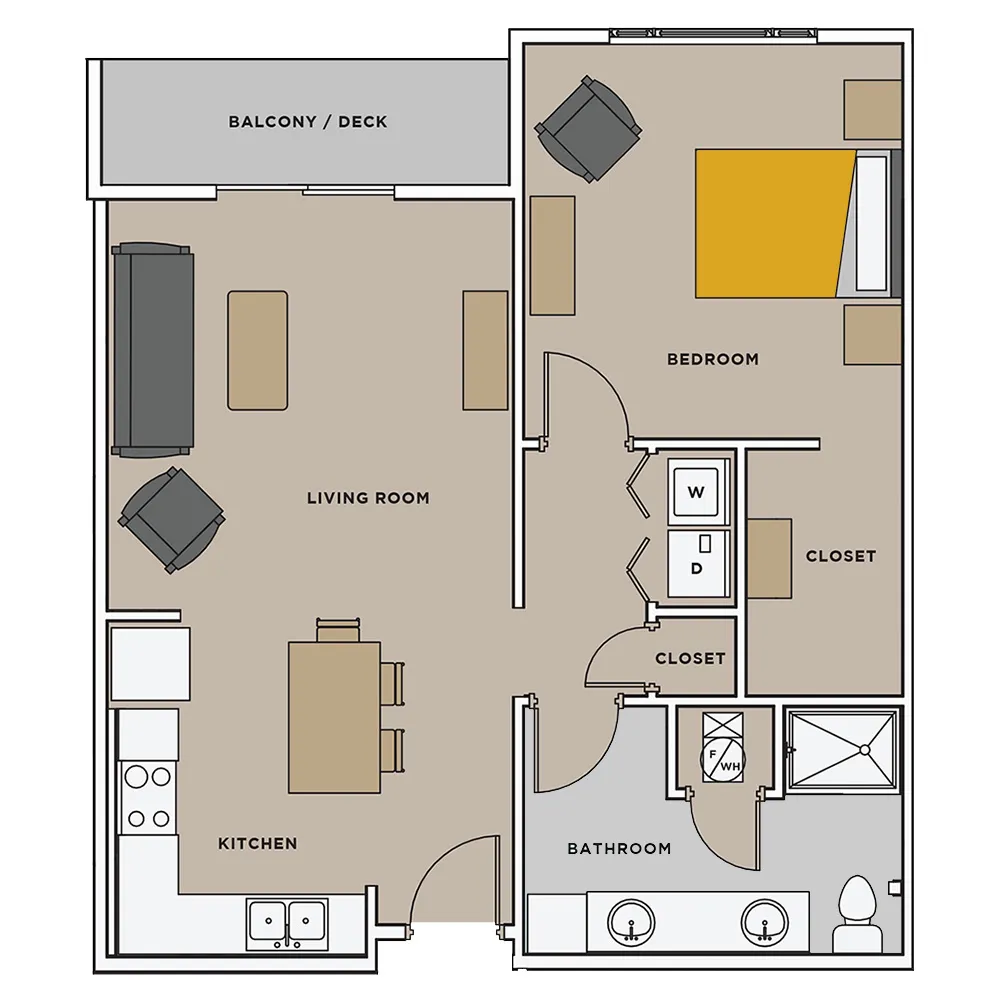 One bedroom and bathroom apartment floorplan