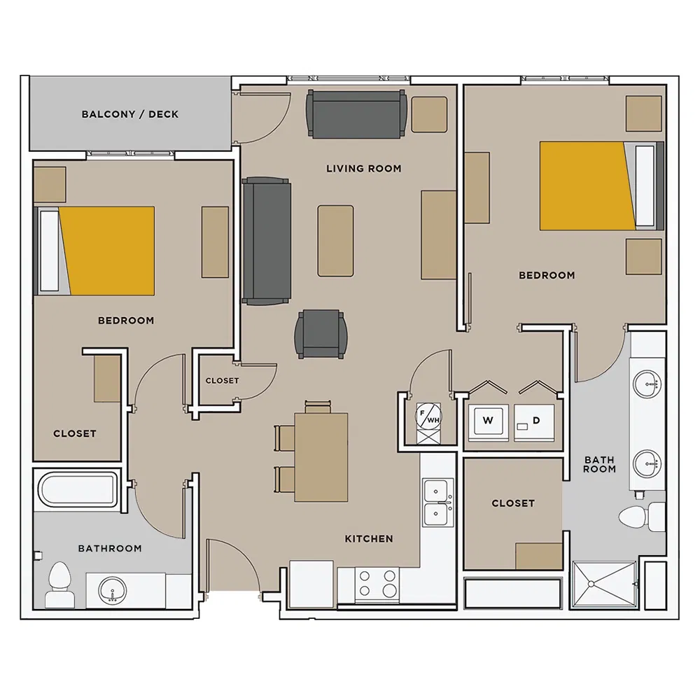 Two bedroom and bathroom apartment floorplan