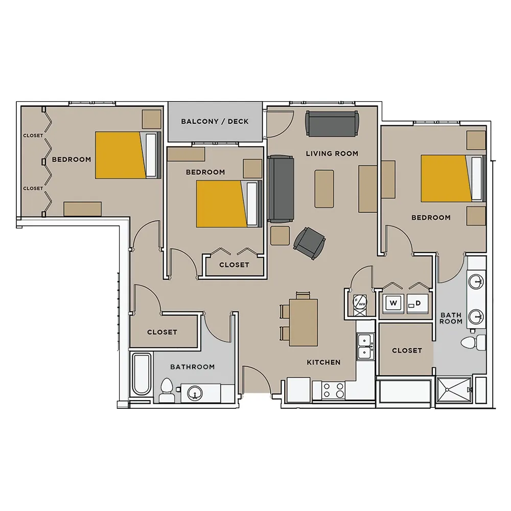 Three bedroom and bathroom apartment floorplan